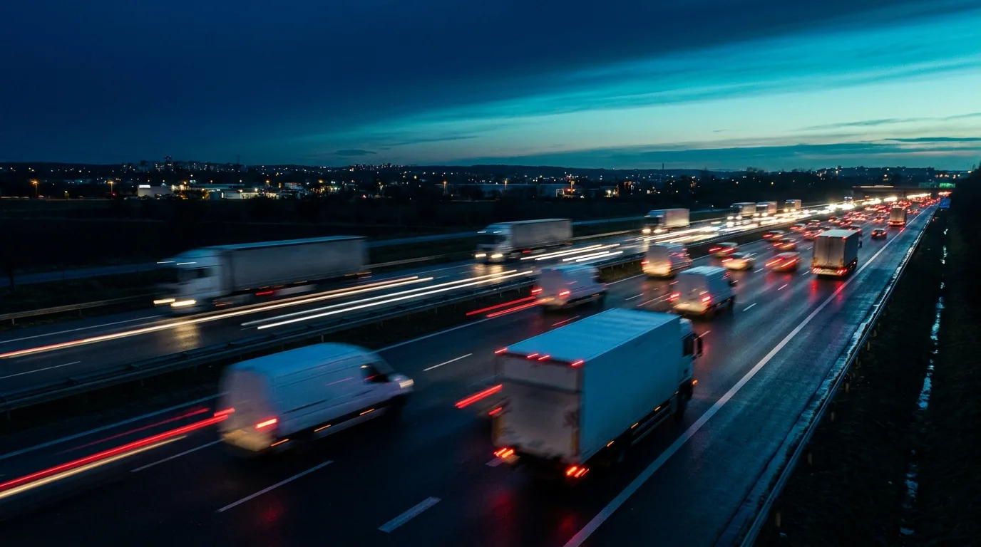 Flotte de camions de livraison sur autoroute au crépuscule, suivi GPS en temps réel