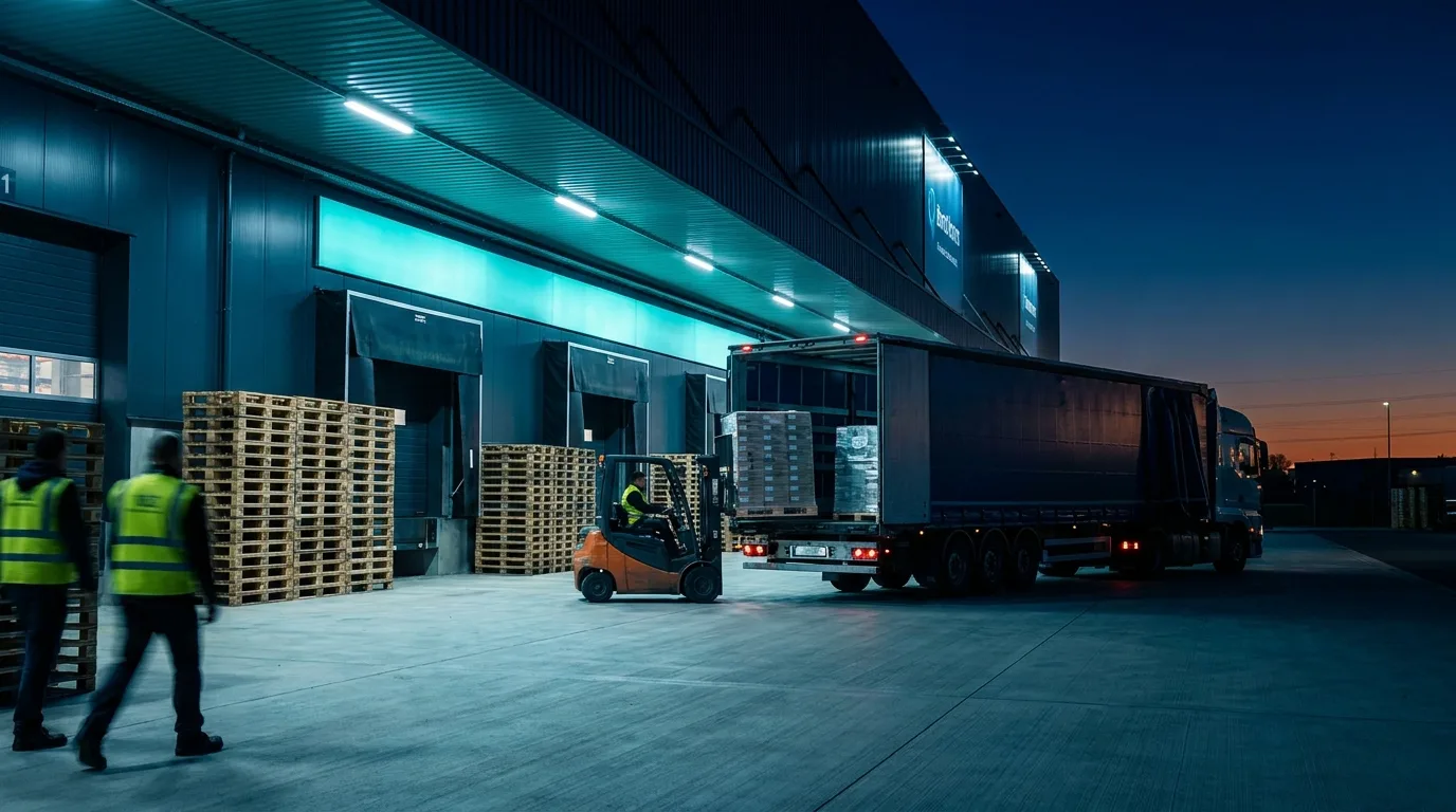 Quai de chargement d'un dépôt logistique au crépuscule, préparation des palettes et chargement camion